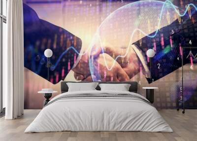 Double exposure of forex graph hologram and handshake of two men. Stock market concept. Wall mural