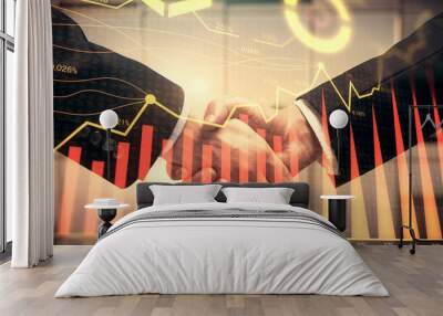 Double exposure of forex graph hologram and handshake of two men. Stock market concept. Wall mural