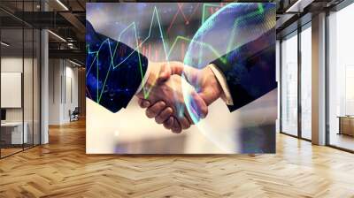 Double exposure of forex graph hologram and handshake of two men. Stock market concept. Wall mural