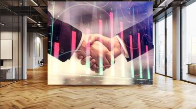 Double exposure of forex graph hologram and handshake of two men. Stock market concept. Wall mural