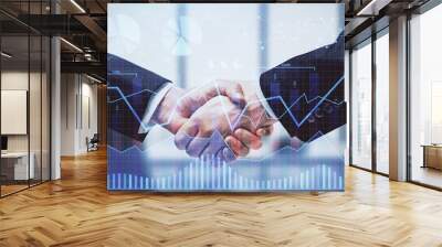 Double exposure of forex graph hologram and handshake of two men. Stock market concept. Wall mural