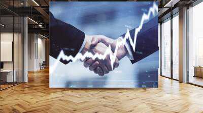 Double exposure of forex graph hologram and handshake of two men. Stock market concept. Wall mural