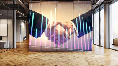 Double exposure of forex graph hologram and handshake of two men. Stock market concept. Wall mural