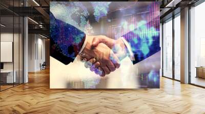 Double exposure of forex graph hologram and handshake of two men. Stock market concept. Wall mural