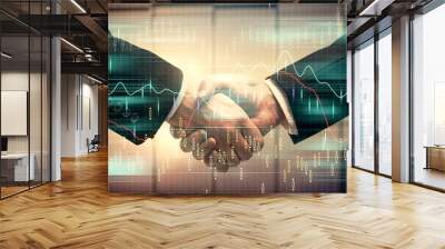 Double exposure of forex graph hologram and handshake of two men. Stock market concept. Wall mural