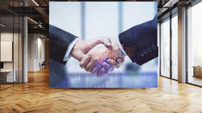 Double exposure of forex graph hologram and handshake of two men. Stock market concept. Wall mural