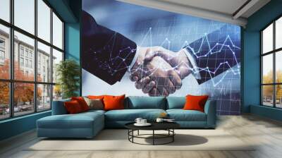 Double exposure of forex graph hologram and handshake of two men. Stock market concept. Wall mural