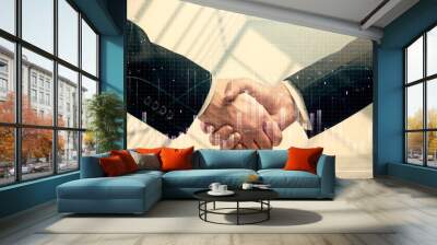 Double exposure of forex graph hologram and handshake of two men. Stock market concept. Wall mural