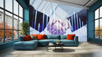 Double exposure of forex graph hologram and handshake of two men. Stock market concept. Wall mural