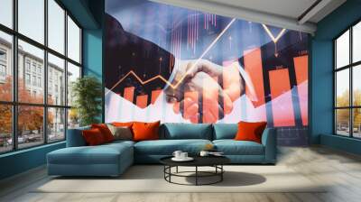 Double exposure of forex graph hologram and handshake of two men. Stock market concept. Wall mural