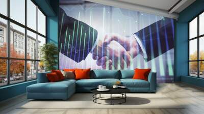 Double exposure of forex graph hologram and handshake of two men. Stock market concept. Wall mural