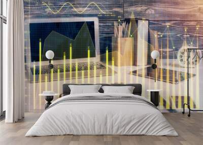 Double exposure of graph and financial info and work space with computer background. Concept of international online trading. Wall mural