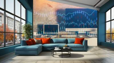 Double exposure of graph and financial info and work space with computer background. Concept of international online trading. Wall mural