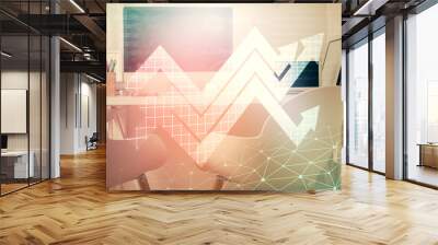 Double exposure of grow arrows and office interior background. Concept of Growth. Wall mural