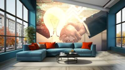 Double exposure of light bulb hologram and handshake of two men. Idea concept. Wall mural