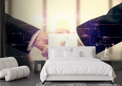 Double exposure of lock hologram and handshake of two men. Partnership security concept. Wall mural