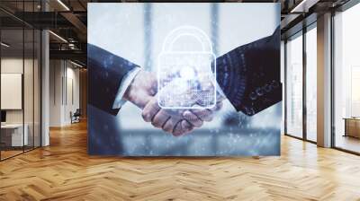 Double exposure of lock hologram and handshake of two men. Partnership security concept. Wall mural