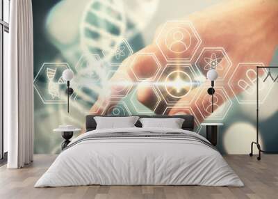 Double exposure of man's hands holding and using a phone and DNA drawing. Medical education concept. Wall mural