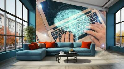 Double exposure of man's hands typing over computer keyboard and brain hologram drawing. Top view. Ai and data technology concept. Wall mural