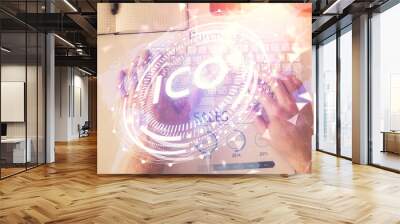 Double exposure of man's hands typing over computer keyboard and crypto currency theme hologram drawing. Top view. Blockchain concept. Wall mural