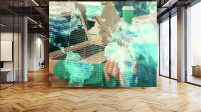 Double exposure of man and woman working together and financial theme hologram. international business concept. Computer background. Wall mural