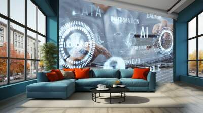 Double exposure of man hands holding a credit card and data theme drawing. E-commerce and technology concept. Wall mural