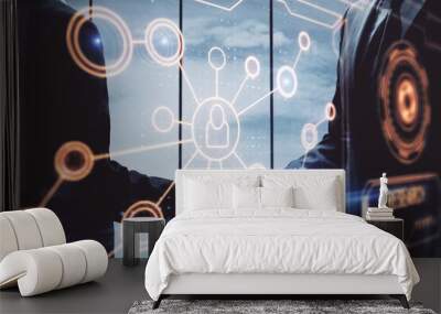 Double exposure of social network theme hologram and handshake of two men. Wall mural