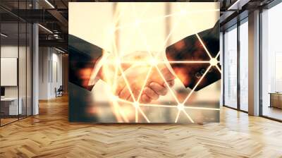 Double exposure of social network theme hologram and handshake of two men. Wall mural