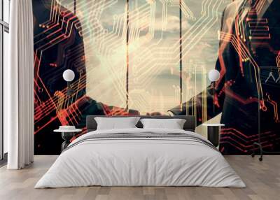 Double exposure of tech hologram and handshake of two men. Deal concept. Wall mural