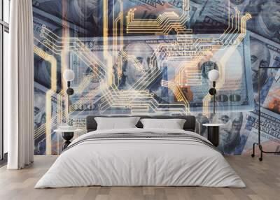 Double exposure of tech theme drawing over usa dollars bill background. Concept of technology. Wall mural