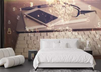 Double exposure of tech theme sketch over cell phone background. Concept of technology Wall mural