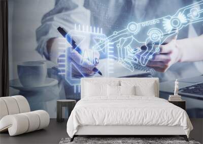 Double exposure of technology sketch hologram and woman holding and using a mobile device. Ai concept Wall mural