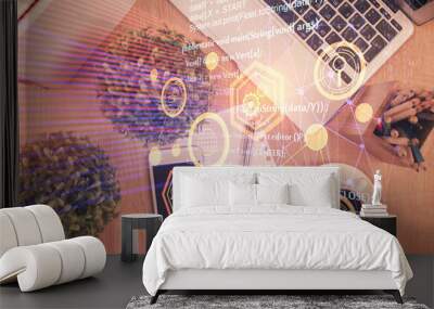 Double exposure of technology theme drawing over work table desktop. Top view. Global data analysis concept. Wall mural