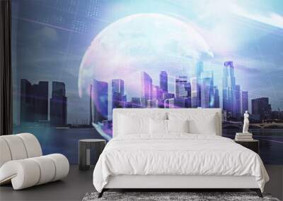 Double exposure of technology theme hologram and cityscape background. Concept of Hightech. Wall mural