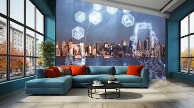 Double exposure of technology theme hologram and cityscape background. Concept of Hightech. Wall mural