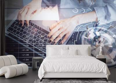 Double exposure of woman hands typing on computer and forex chart hologram drawing. Stock market invest concept. Wall mural