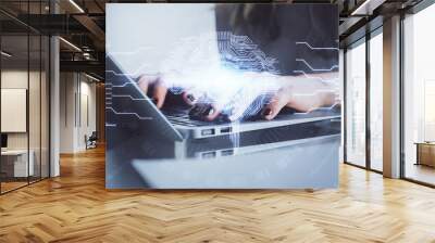 Double exposure of woman hands working on computer and brain hologram drawing. Ai concept. Wall mural