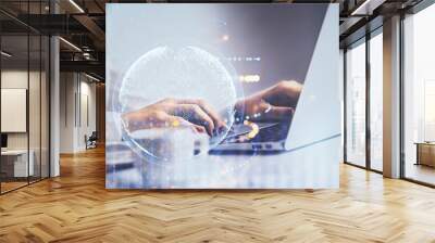 Double exposure of woman hands working on computer and world map hologram drawing. International technology business concept. Wall mural