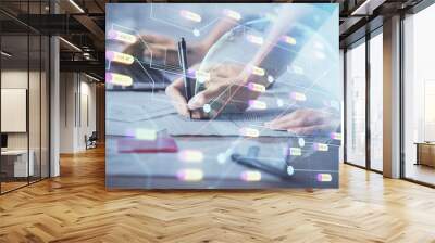 Double exposure of woman hands working on computer and world map hologram drawing. International technology business concept. Wall mural