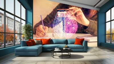 Double exposure of woman on-line shopping holding a credit card and brain hologram drawing. Data E-commerce concept. Wall mural