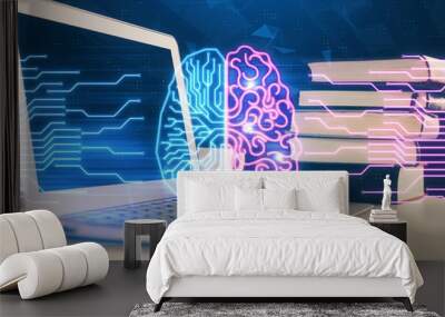 Double exposure of work space with computer and human brain drawing hologram. Brainstorm concept. Wall mural