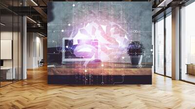 Double exposure of work table with computer and brain sketch hologram. Brainstorming concept. Wall mural