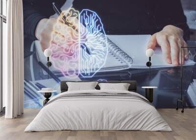 Double exposure of writing hand on background with brain hologram. Concept of learning. Wall mural