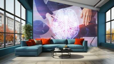 Double exposure of writing hand on background with brain hologram. Concept of learning. Wall mural