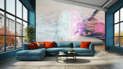 Double exposure of writing hand on background with brain hologram. Concept of learning. Wall mural