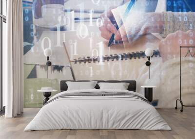 Double exposure of writing hand on background with data solution technology hologram. Ai concept. Wall mural