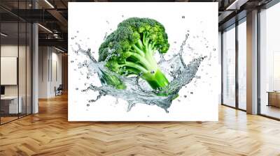 Falling broccoli vegetable meets water in a splash, white background. Lots of crystal drops. AI generative illustration. Wall mural