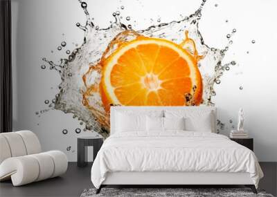 Falling orange fruit meets water in a splash, white background. Lots of crystal drops. AI generative illustration. Wall mural