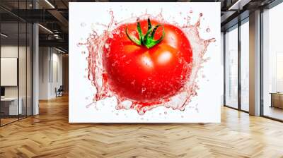 Falling tomato vegetable meets water in a splash, white background. Lots of crystal drops. AI generative illustration. Wall mural