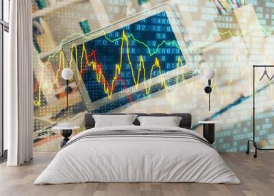 Financial chart drawing and table with computer on background. Double exposure. Concept of international markets. Wall mural